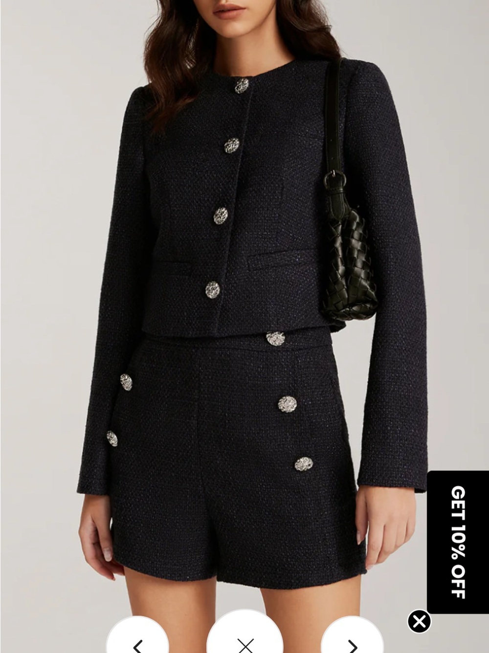 Commense Midnight Blue Tweed Crop Blazer with Crystal Buttons